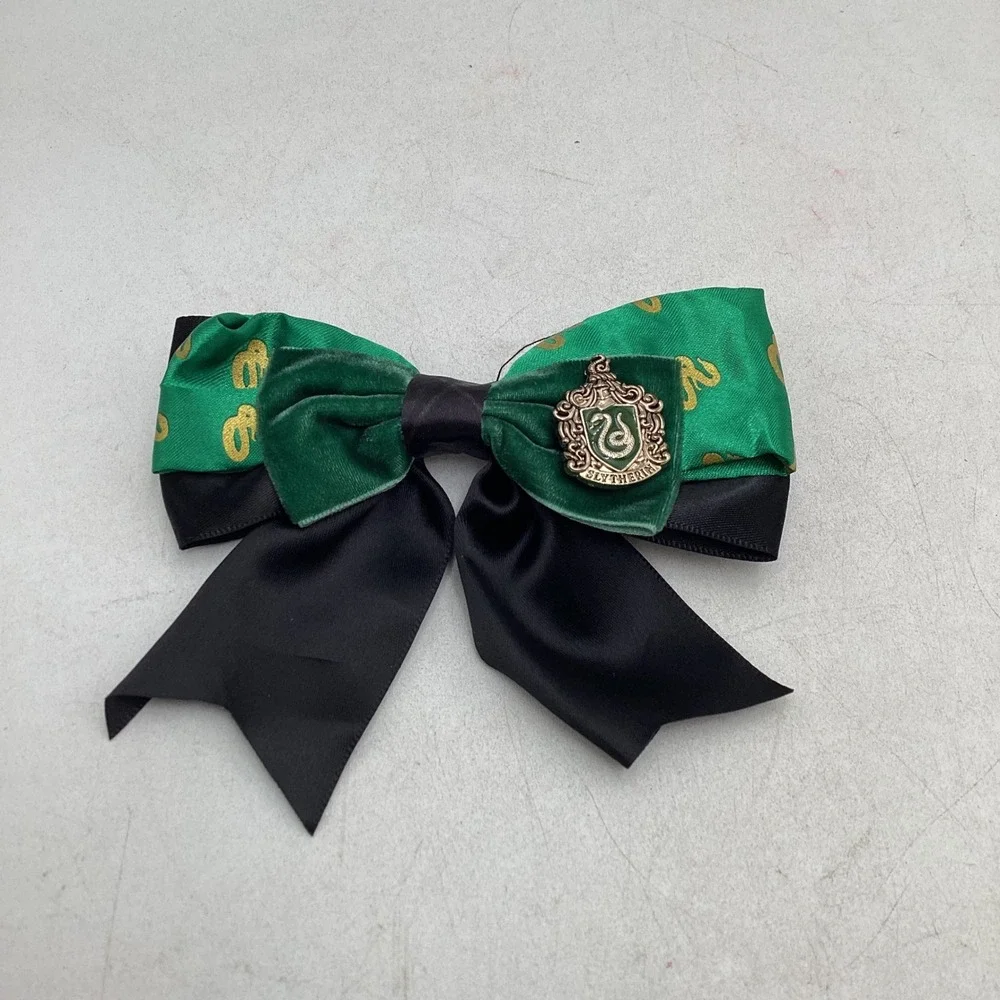 Harry Potter Slytherin House Hair Bow Green Velvet Satin Snake Crest Clip 5in